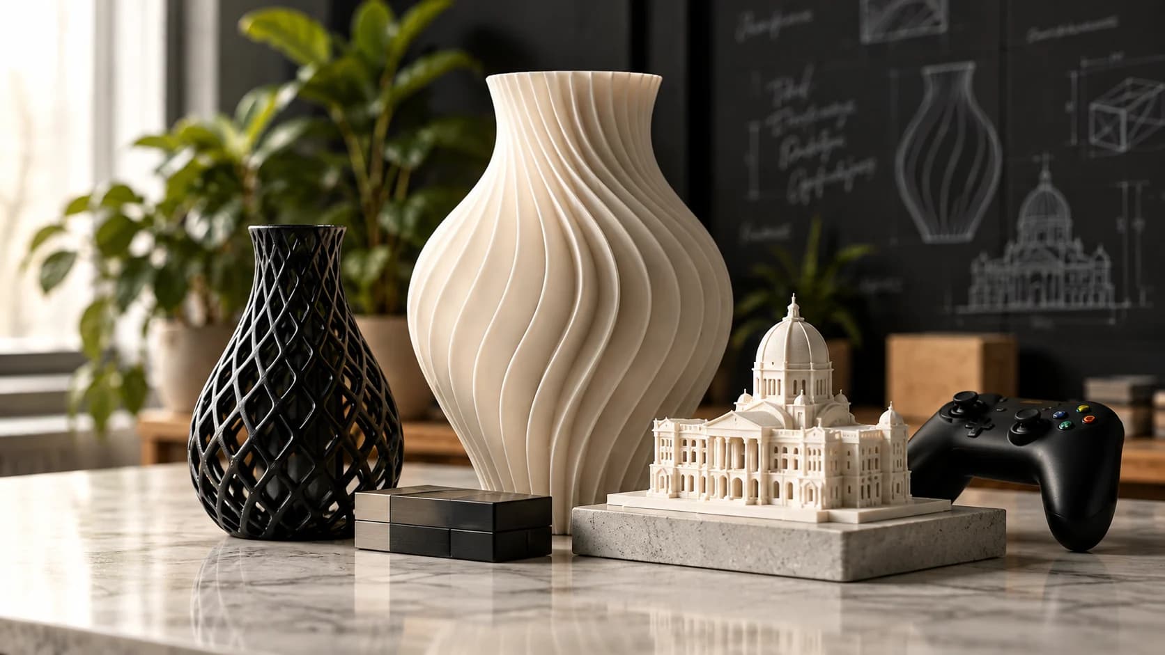 Vases sculpturaux, maquette architecturale et objets sur une table d’atelier